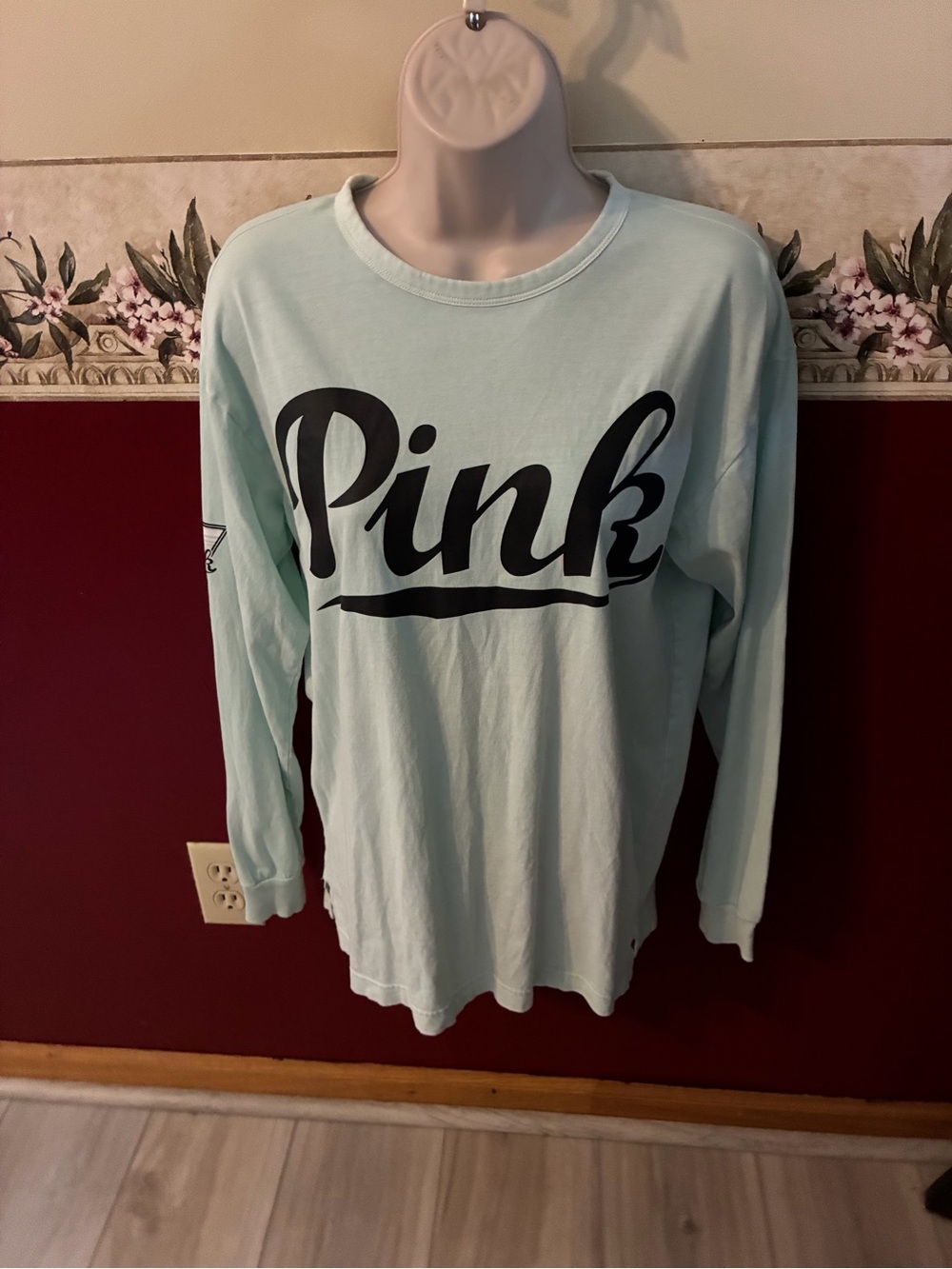 PINK Victoria's Secret Long Sleeve Logo Tee in Mint Green with Black Script